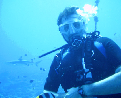Fraser diving with sharks, Tahiti.